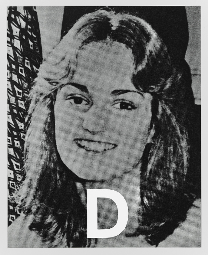 Black and white photo of a smiling woman with shoulder-length hair, featuring a large letter "D" superimposed on the lower part of the image.