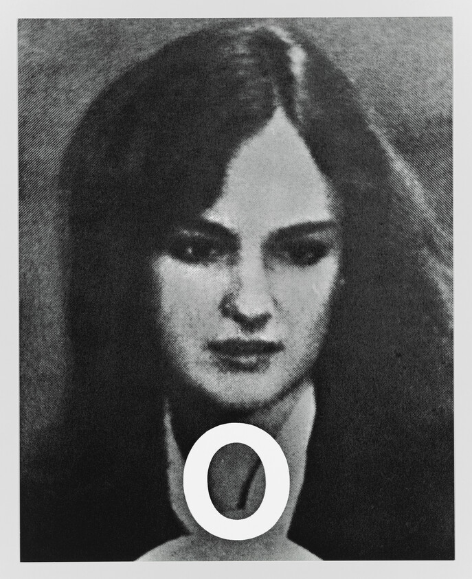 Young woman with long dark hair stares forward, large white letter O over the lower part of the image.