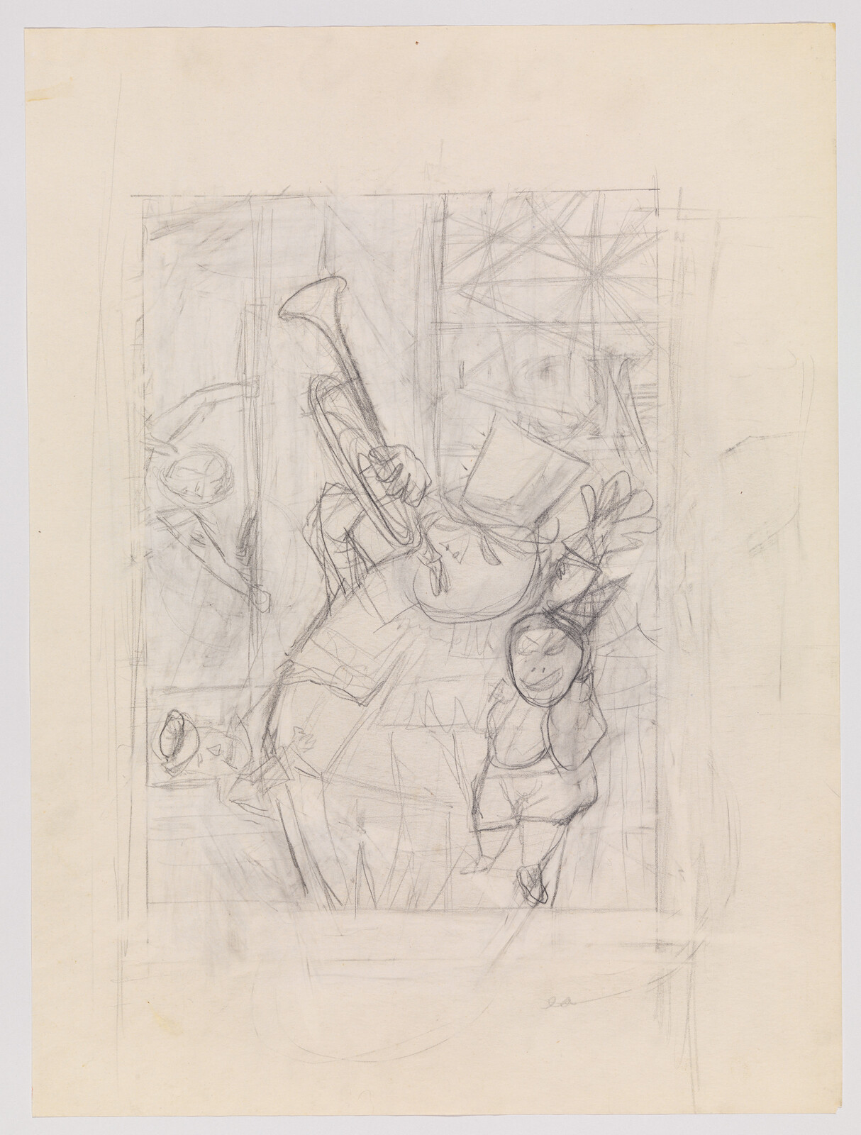 A rough pencil sketch of a large top-hatted musician playing trumpet beside a dancing child.