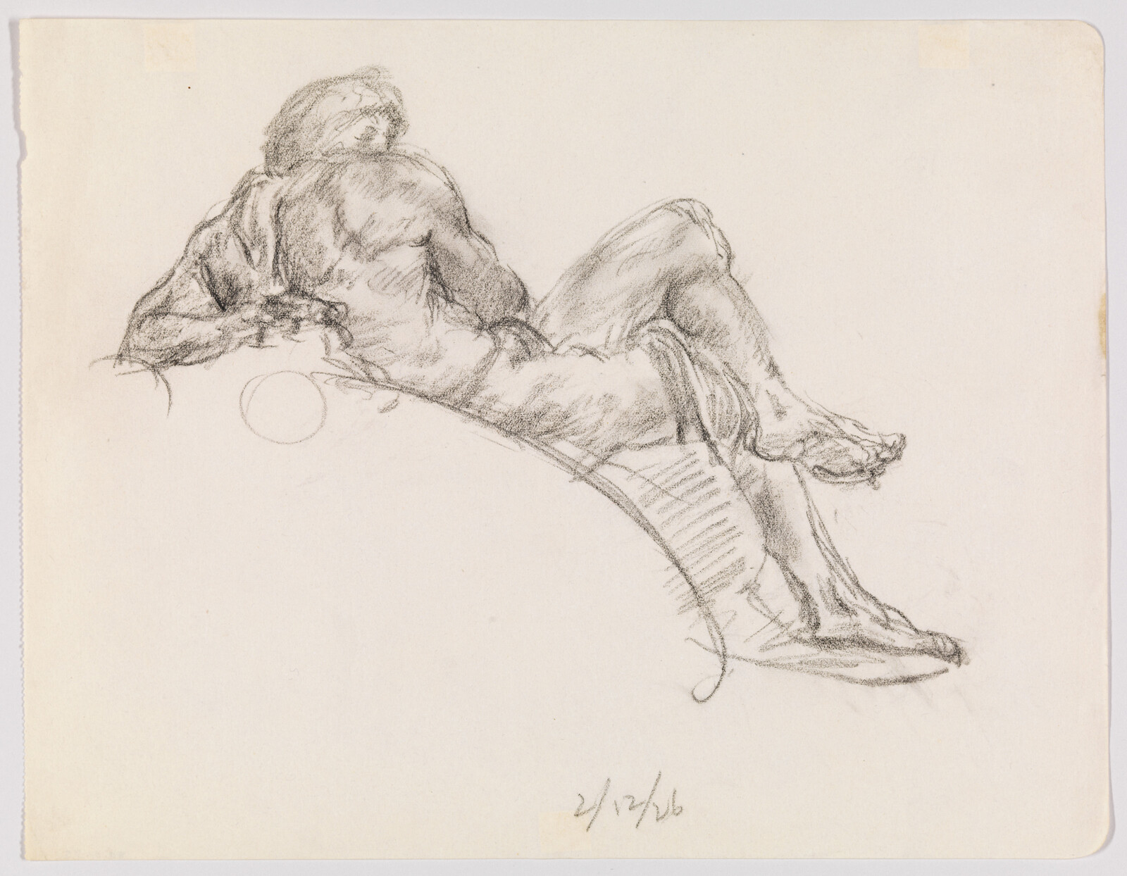 Reclining nude man sketched in pencil, leaning back with knees bent on a curved surface.