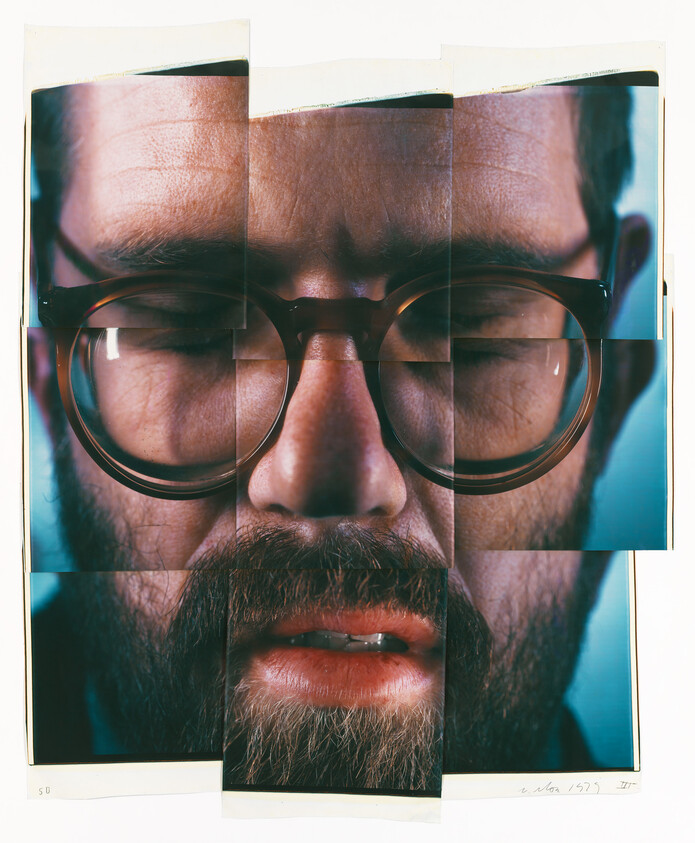 Close-up collage of a man's face with a beard and glasses, composed of several overlapping photographs, creating a fragmented and disjointed appearance.