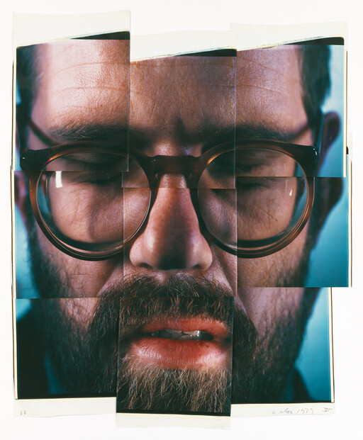 Close-up collage of a bearded man wearing round glasses with eyes closed.