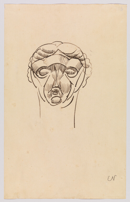 A simple pen drawing of a stylized head with bold contour lines and shaded areas.