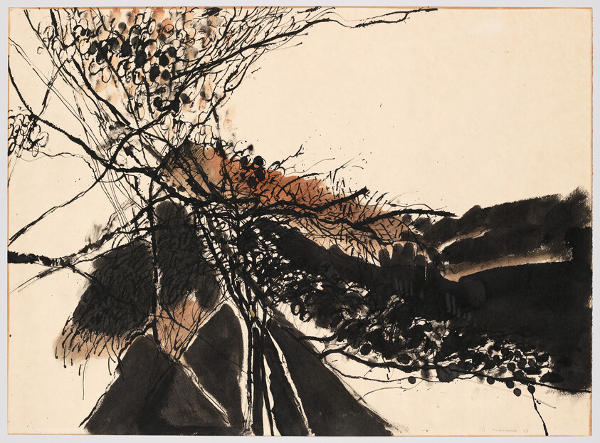 Tangled black ink branches spread over dark rocky forms with a wash of brown in the background.
