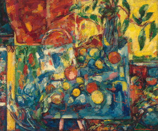 A vibrant still-life painting showing fruit scattered on a table beside a vase with leaves.