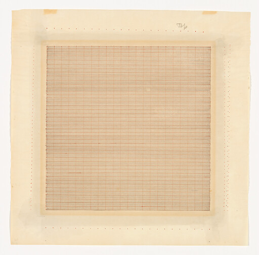 Large square grid of thin red and brown lines centered on aged cream paper with dotted border.