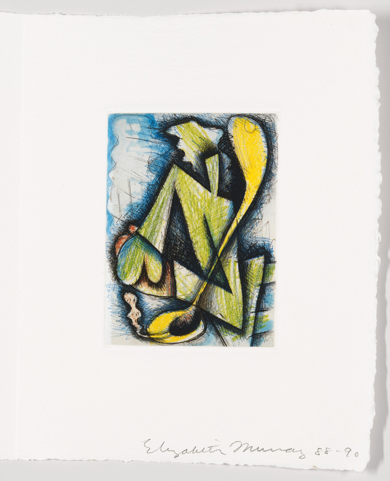 A colorful abstract artwork with geometric and organic shapes in yellow, green, and blue, with black outlines on a white background. The piece is signed and dated at the bottom.