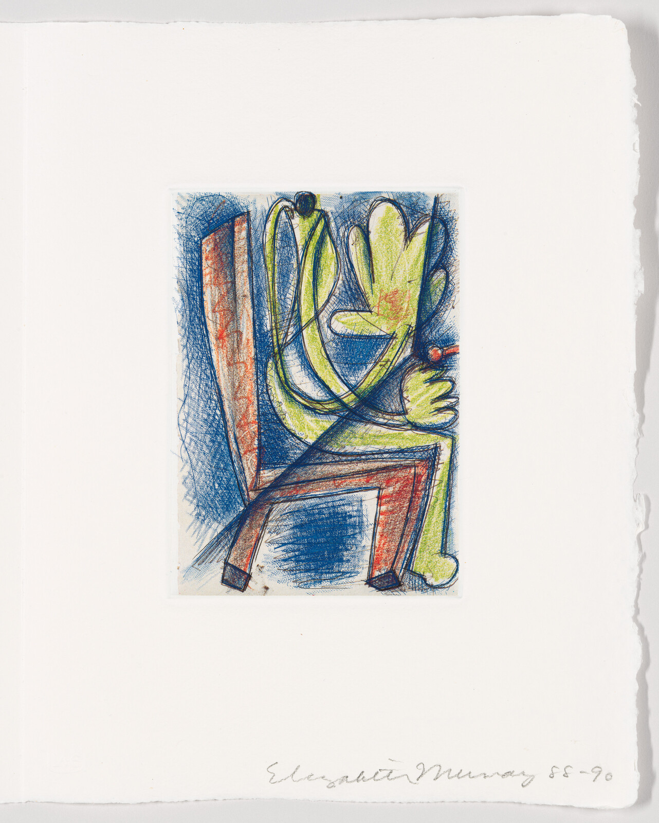 A colorful abstract drawing with blue, red, and yellow hues, featuring curvilinear shapes and lines on a textured paper. The artist's signature and the date '85-90' are inscribed at the bottom.