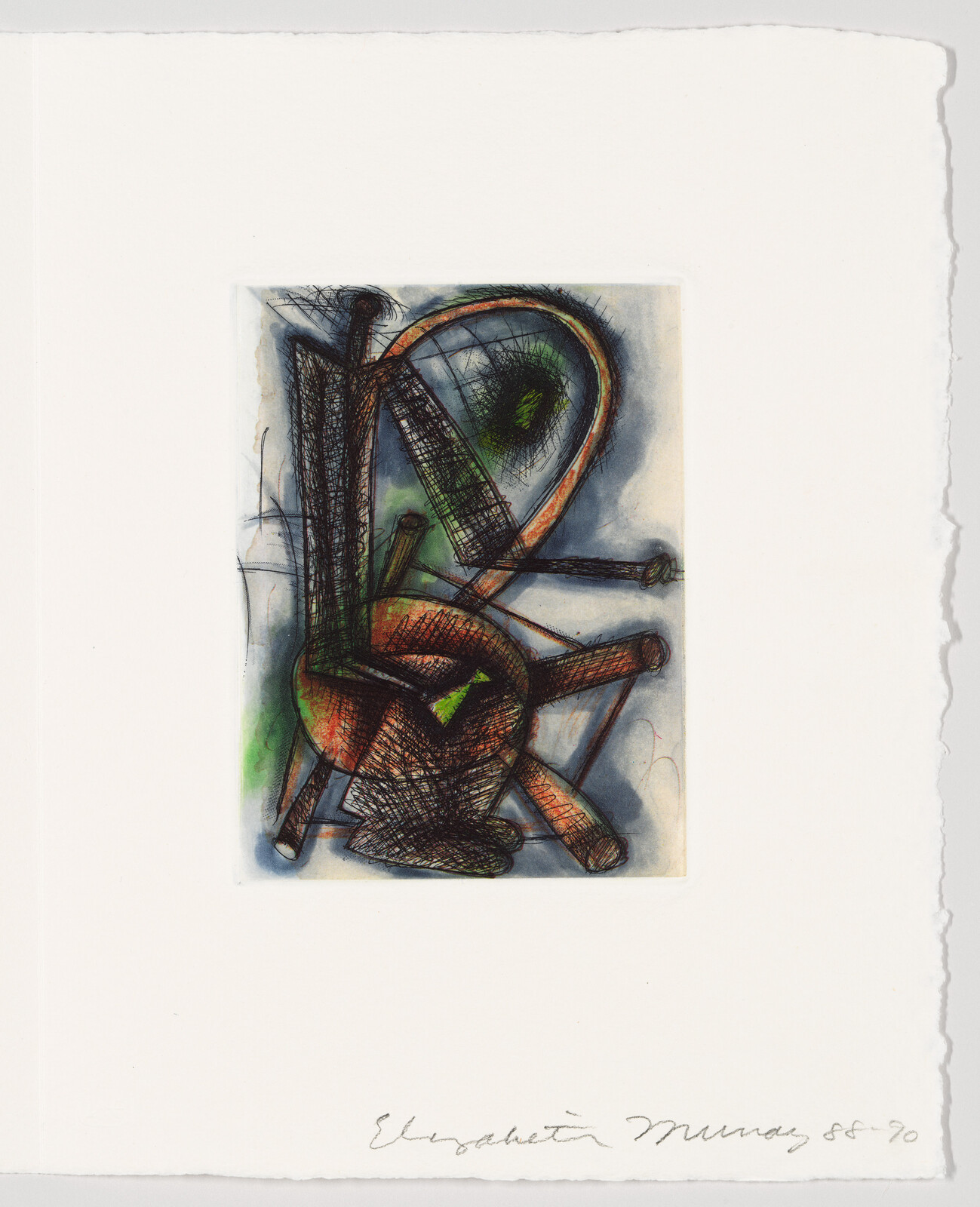 An abstract artwork depicting a chair with exaggerated and distorted lines and shapes in colors of black, green, and orange, with a signature at the bottom that reads "Elizabeth Murray 85-20." The image is centered on a white background with rough paper edges.