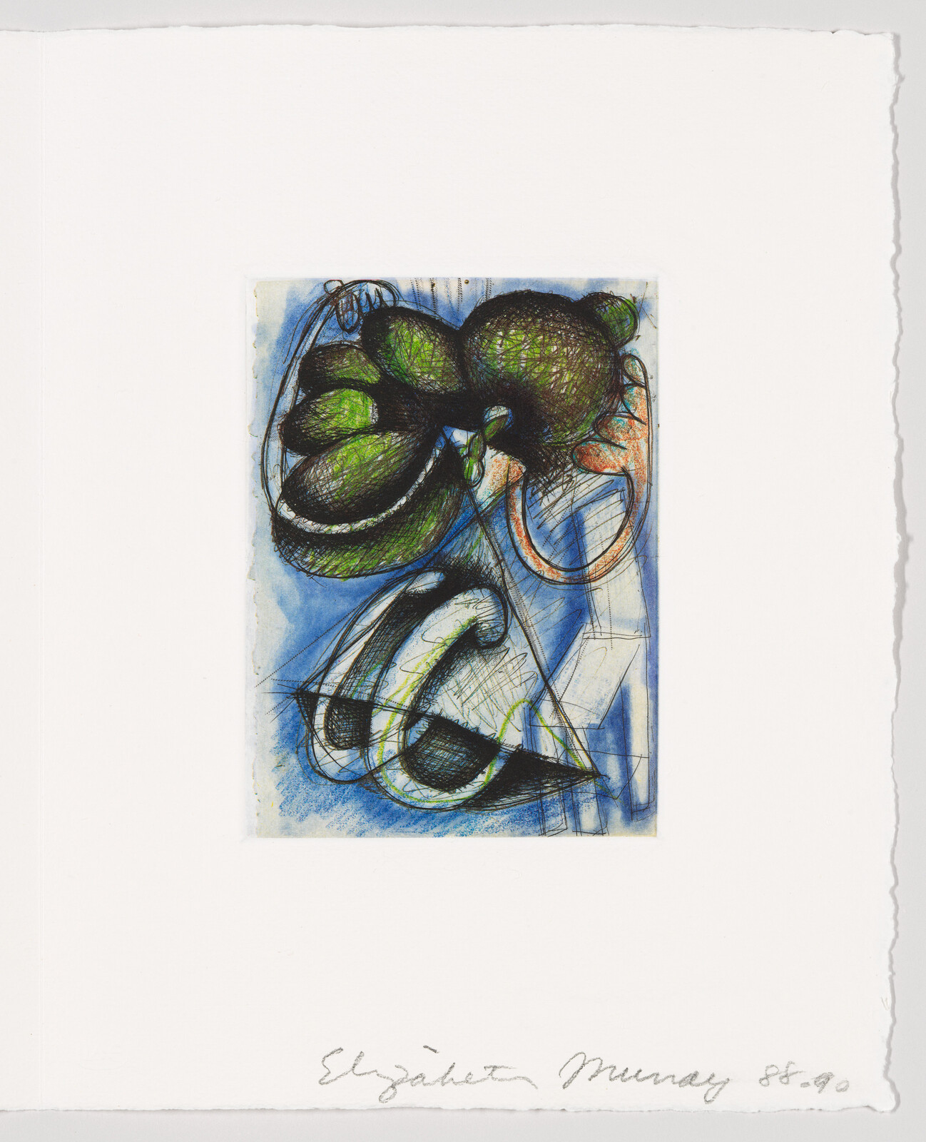 An abstract artwork featuring a blend of curved and angular lines in black with green shading, set against a blue background with orange accents. The piece is centered on a white paper with rough edges, and there is a signature at the bottom that reads "Elizabeth Murray 85.90."