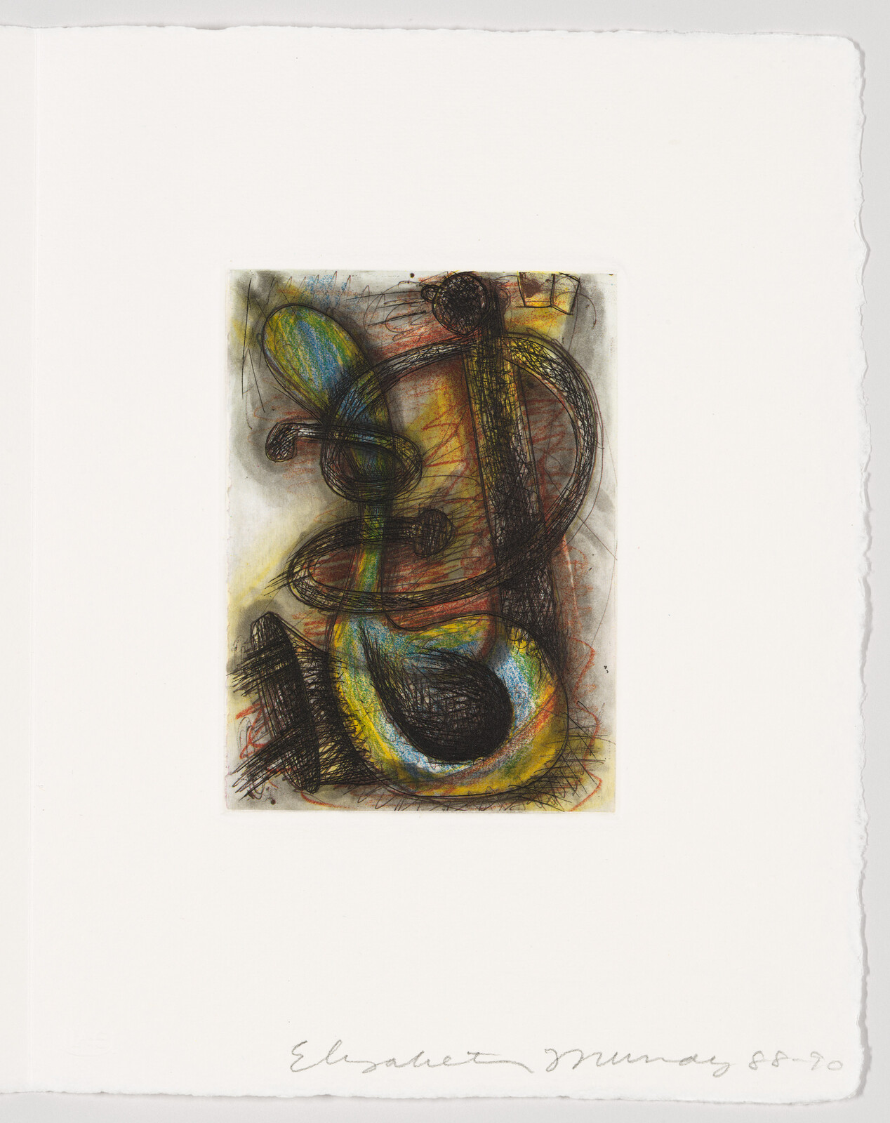 An abstract artwork featuring a blend of curved and straight lines in black with hints of blue and yellow colors on a beige background, mounted on a white paper with rough edges. The artist's signature and the date '8-20' are handwritten in pencil at the bottom.