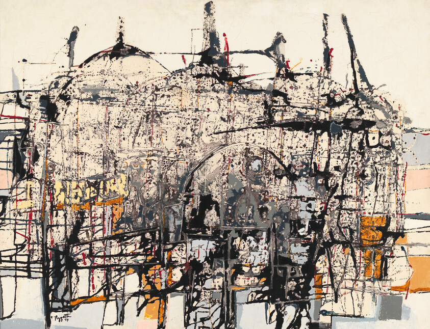 Abstract cityscape with tangled black lines, gray washes, and orange accents suggesting buildings.