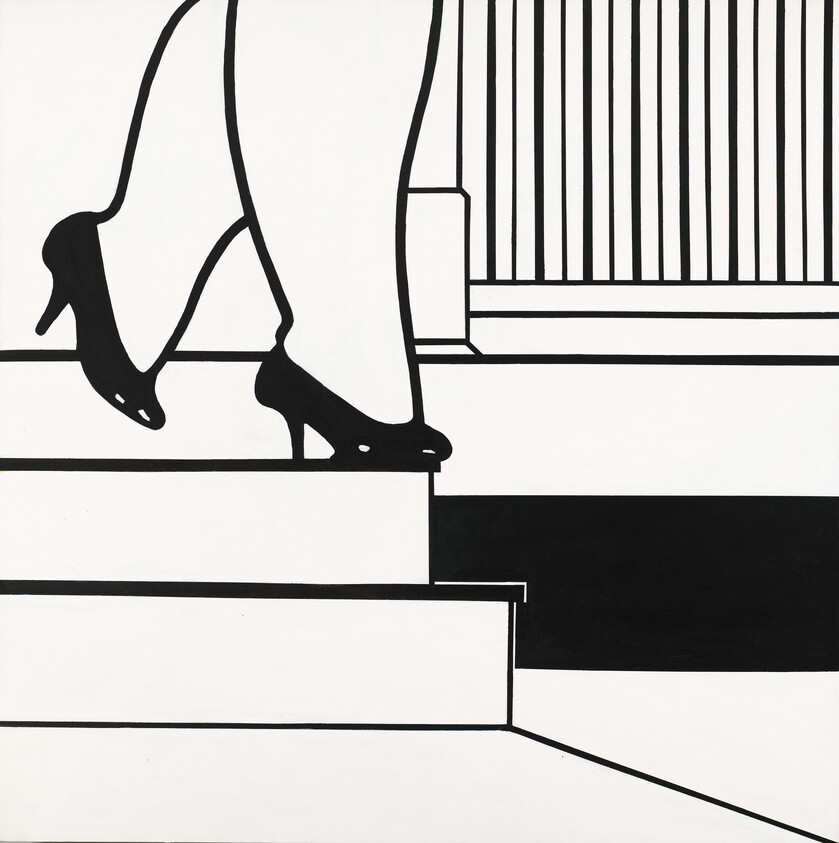 A woman's legs in black high heels walking down indoor stairs near a railing.