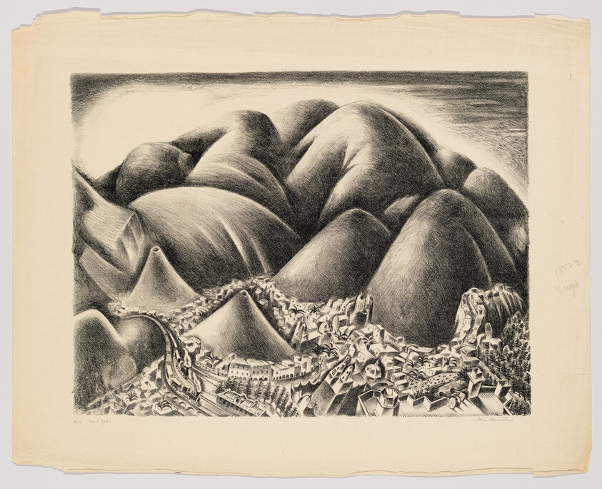 A small town nestled at the base of large rounded mountains in a black-and-white drawing.