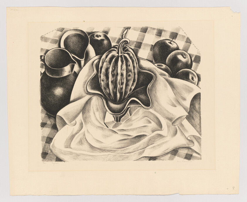 A pencil still life showing a citrus reamer on a draped cloth surrounded by fruit and pitchers.