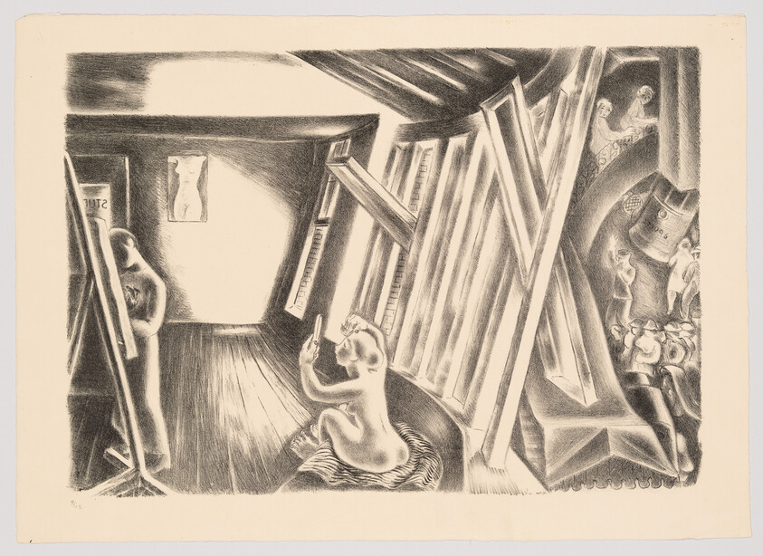 Nude woman sits on a cushion holding a mirror while an artist paints in a crowded attic studio.