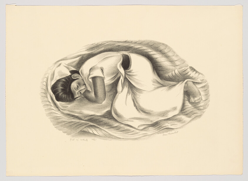 A young woman sleeps curled on her side inside a woven blanket.