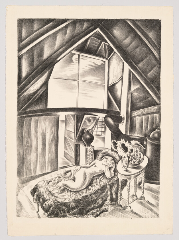 A nude person sleeps on a fur rug in a sunlit attic room beside a table of sunflowers.