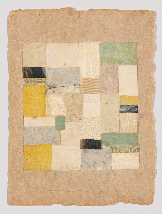 Patchwork collage of small colored paper and fabric rectangles arranged on rough handmade paper.