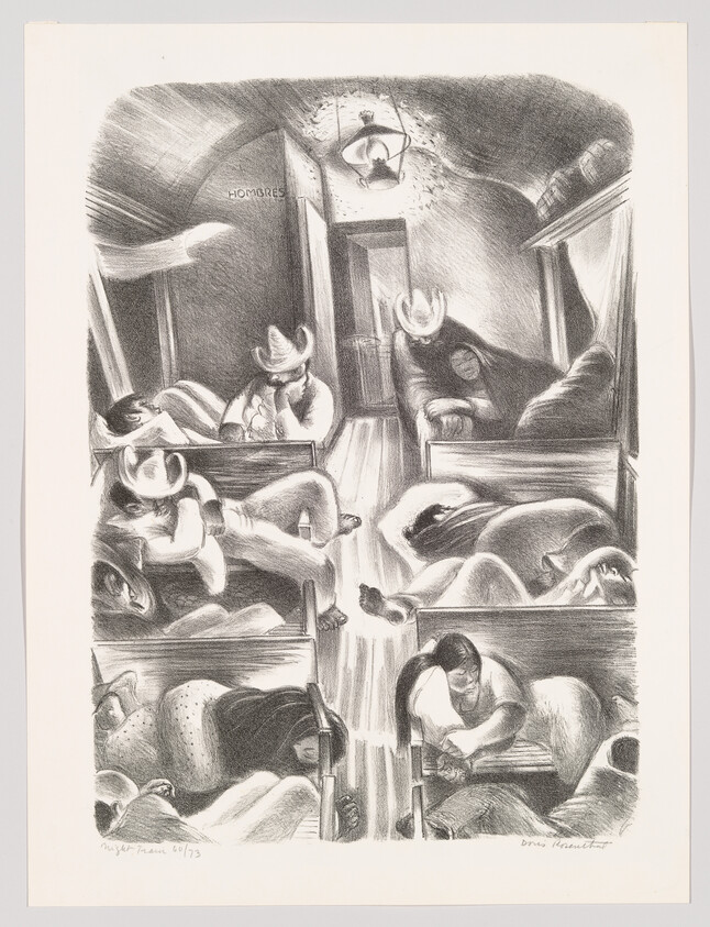 Passengers sleep crowded in a dimly lit train car, many slumped across wooden berths.