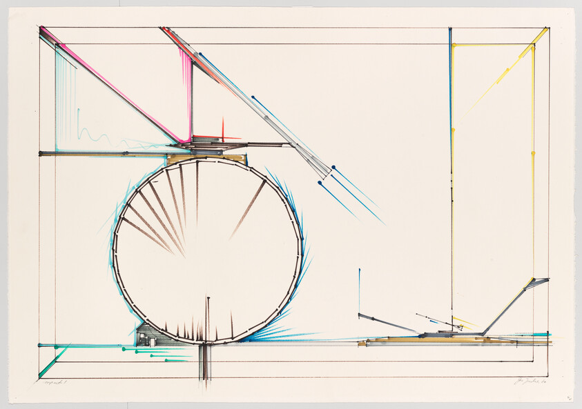 Large circle in the center with colorful lines and shapes forming a geometric, abstract design around it.