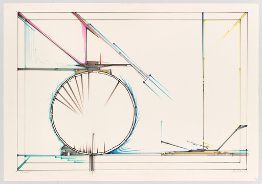 Large circular mechanical drawing with angular colored lines and technical geometric details.