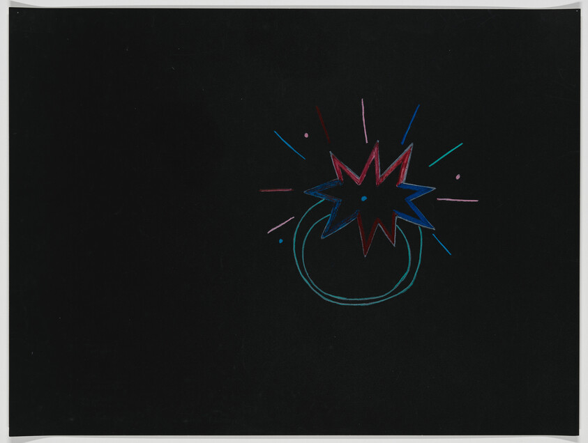 Bright neon starburst over a teal circular ring against a black background.
