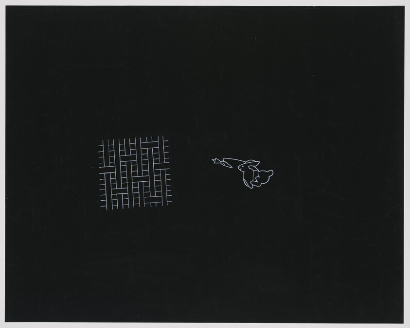 A small woven grid and a simple outline of a hand holding a flower on a black background.