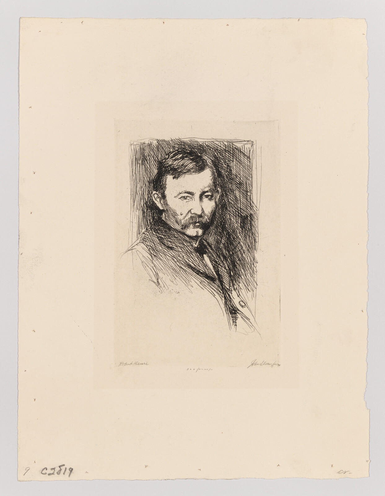 A monochrome etched portrait of a mustached man looking directly at the viewer.