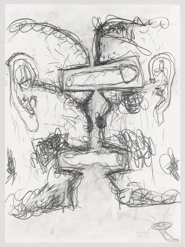 Abstract charcoal sketch of a distorted face with oversized ears and scribbled features.