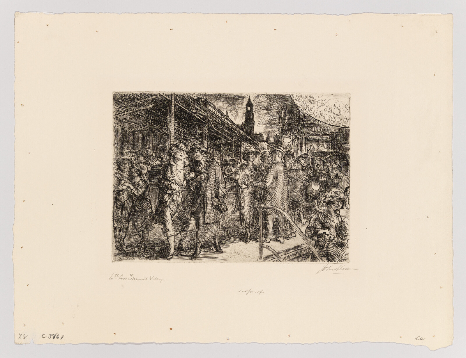 Crowded city street under an elevated train with people walking, talking, and cars passing at dusk.