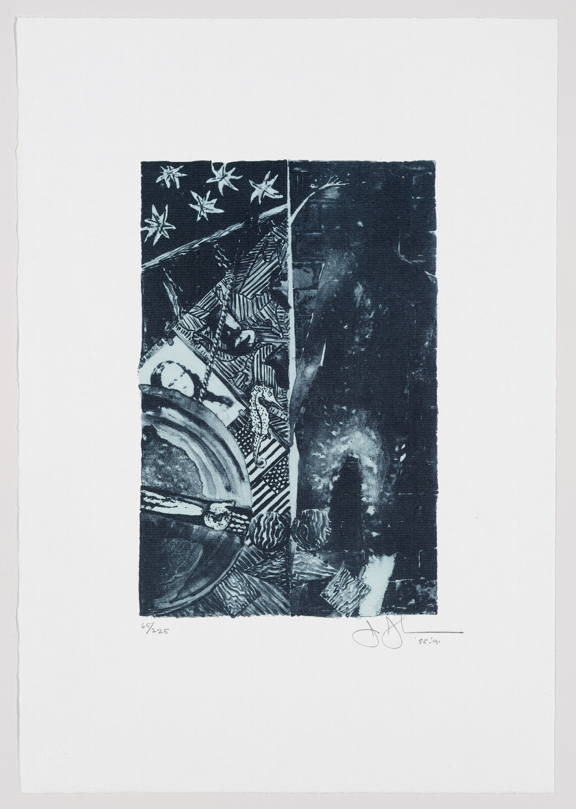 Vertical monochrome collage shows fragmented figures, stars, and patterned shapes within a divided rectangle.