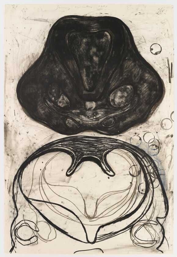 An abstract black and white artwork featuring two large, dark, amorphous shapes, one above the other, with the upper shape resembling a distorted face or mask. The background is textured with various light marks and scribbles, and there is handwriting in the top right corner.