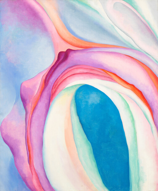 Organic pink, purple, and orange shapes undulating out from a blue center in the lower left.