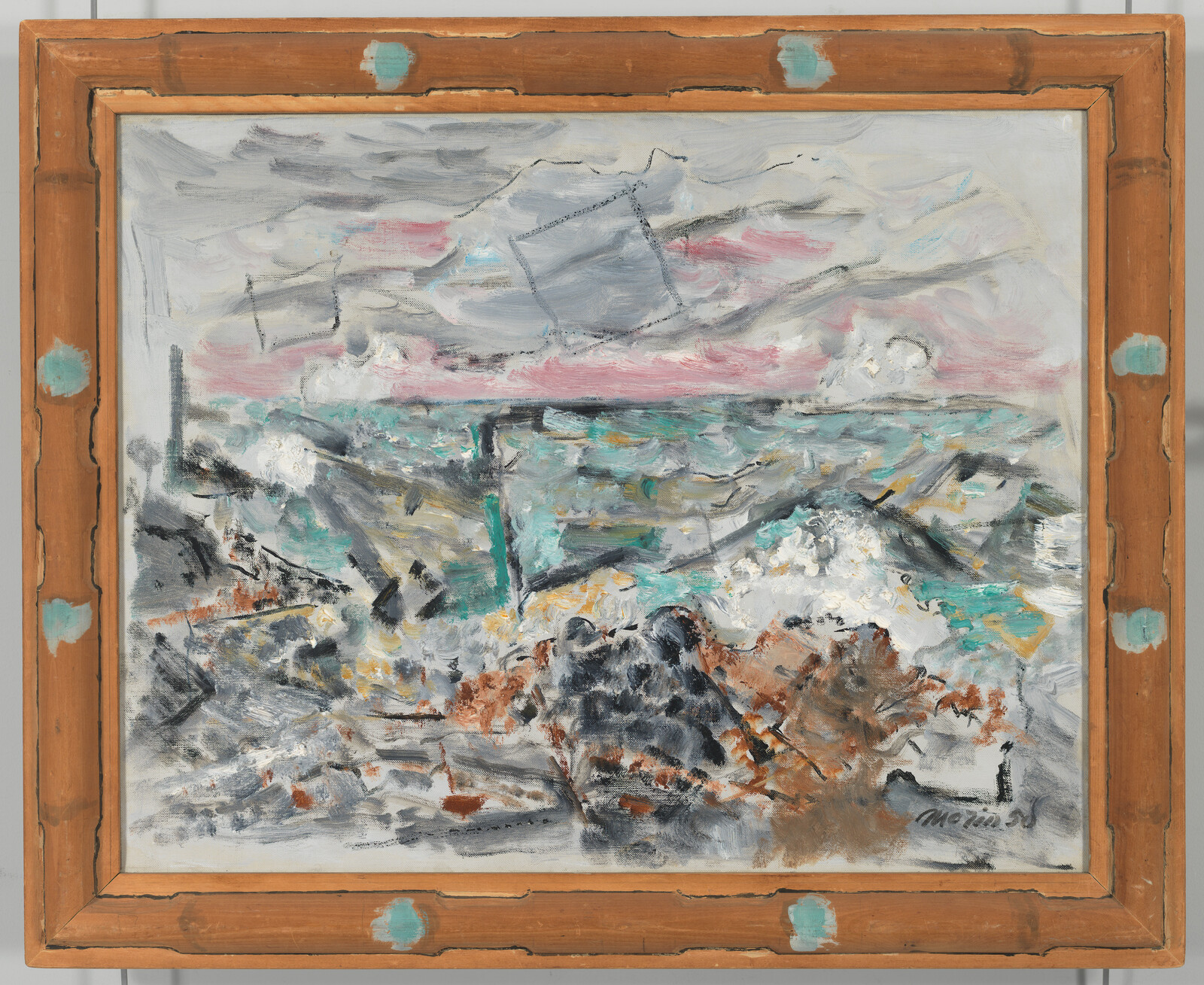 A framed oil painting of rough waves crashing against a rocky shore under a pastel sky.