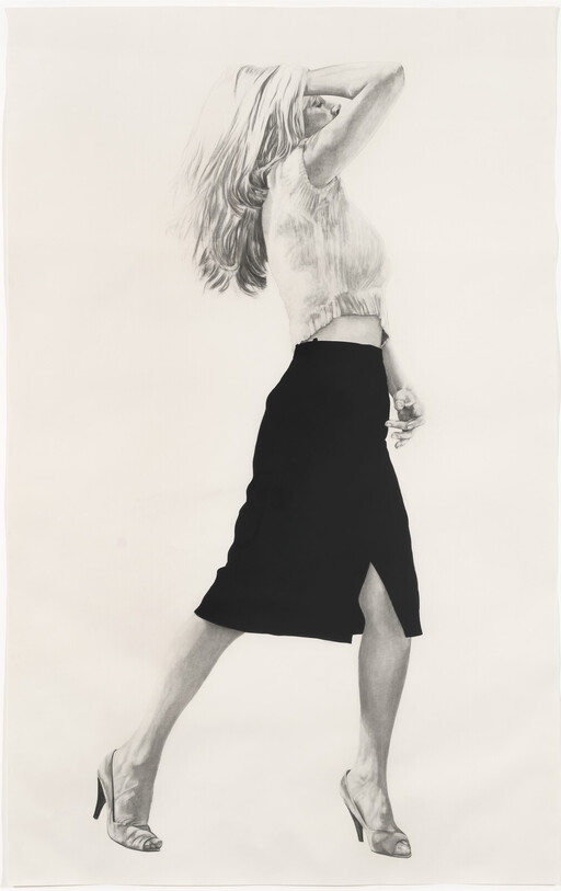 A woman strides forward with one hand raised to her forehead, wearing a black skirt and heels.