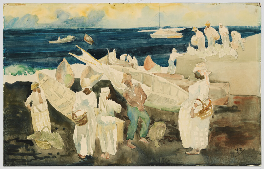 Several people in white clothing stand near beached boats and carry baskets by the sea.