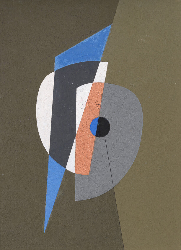 Abstract geometric shapes in blue, gray, white, and orange painted on a textured olive wall.