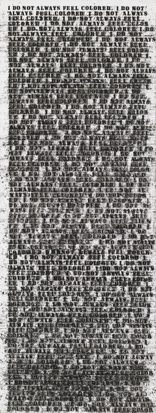 Repeated stamped text reading "I do not always feel colored" forming a dense vertical block.