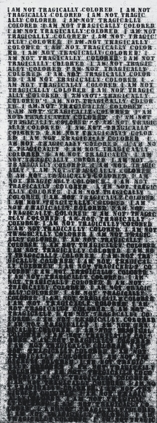 Repeated lines of the phrase "I am not tragically colored" form a dense, dark portrait-like shape.