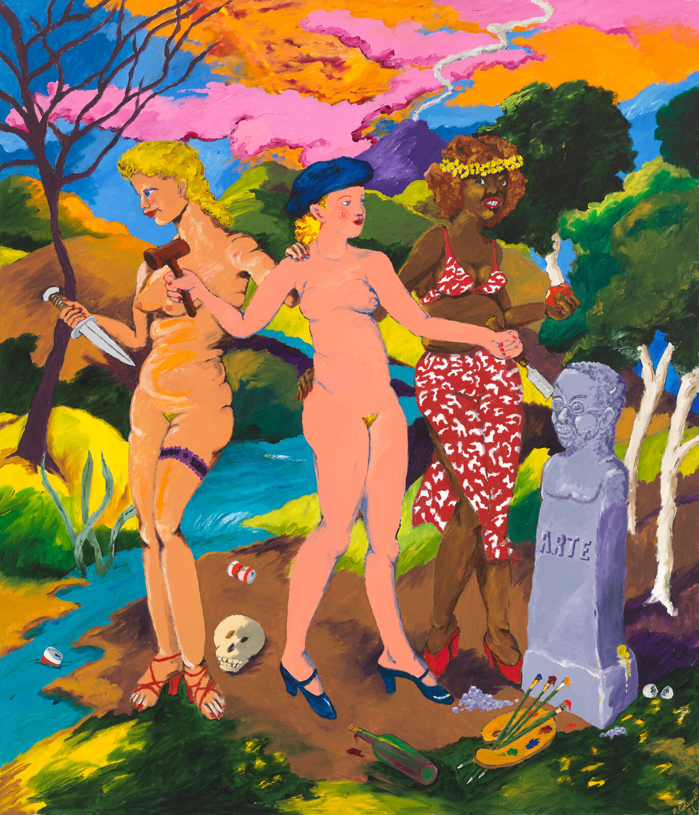 Three women stroll through a colorful landscape, one holding a knife and a bust labeled "ARTE."