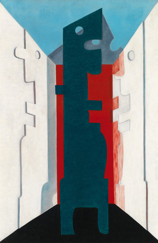 Tall dark abstract figure stands centered between white architectural forms with red and blue background.