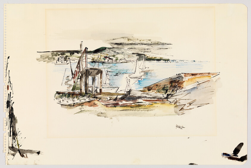 A loose watercolor of a coastal harbor with a wooden pier and sailboats on calm water.