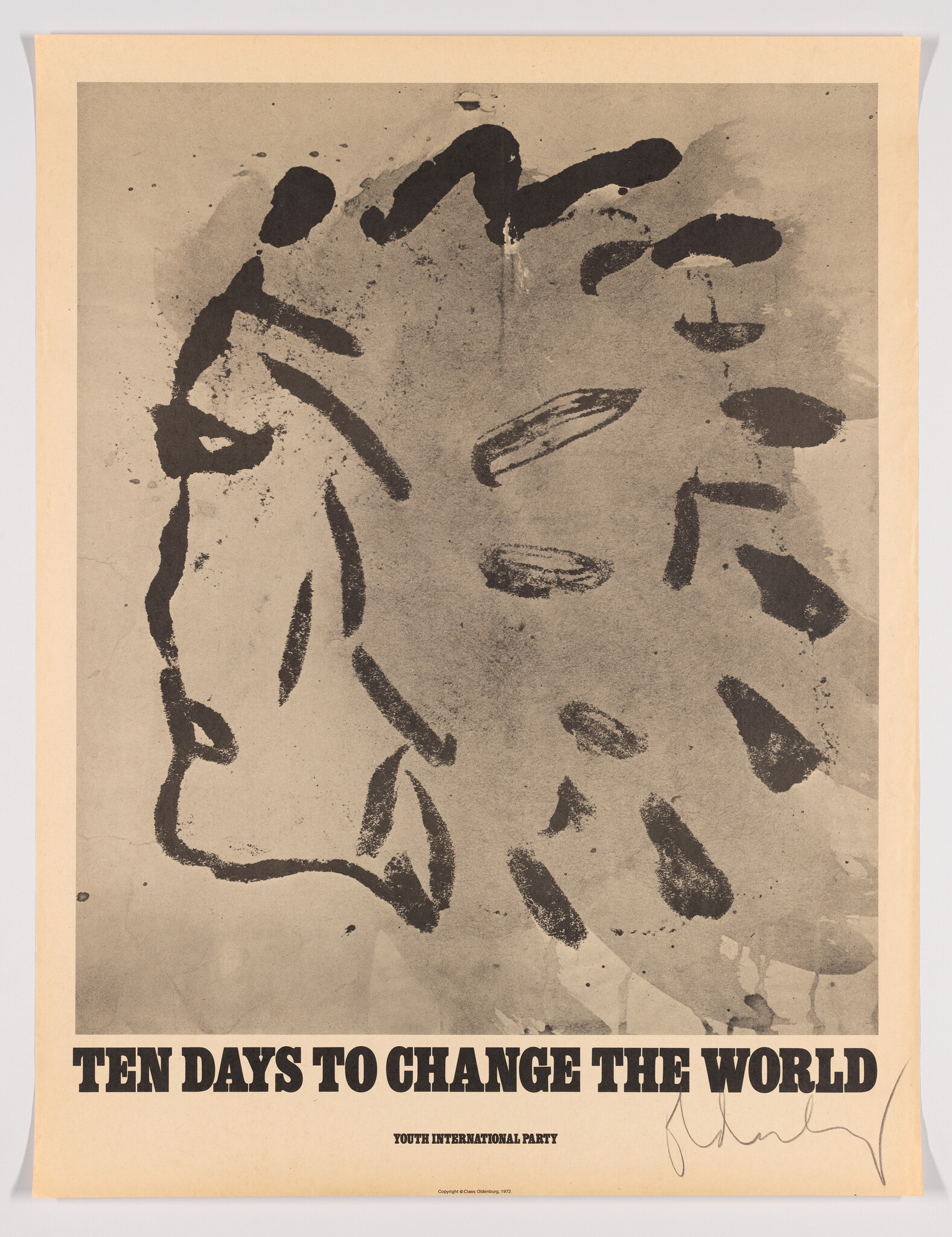 Abstract ink profile and spiked shapes with bold text 'Ten days to change the world' promoting Youth International Party.