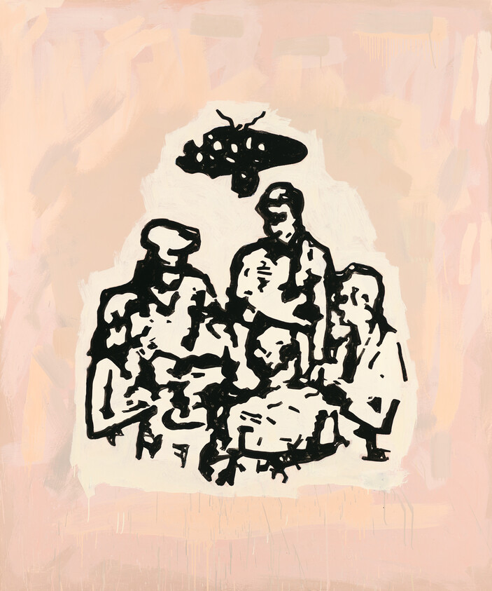 Five silhouetted people gathered around a central figure with a moth hovering above.