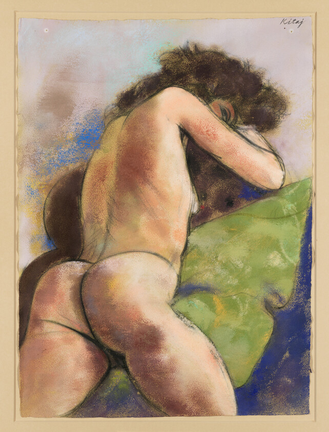 Reclining nude figure curled on a green pillow, back and hips facing the viewer.