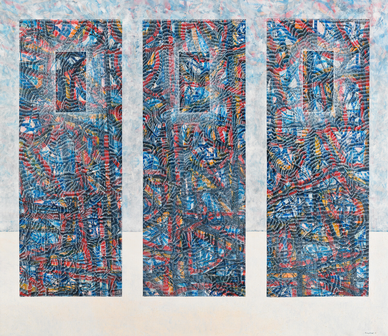 Three tall rectangular panels filled with dense blue, red, and yellow abstract mosaic patterns.