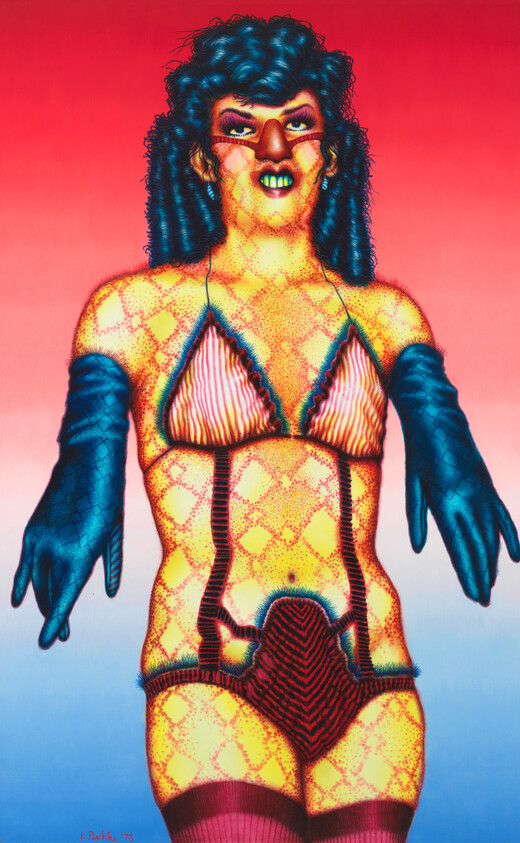 A stylized figure wearing patterned lingerie, long blue gloves, and colorful makeup stands against a gradient background.