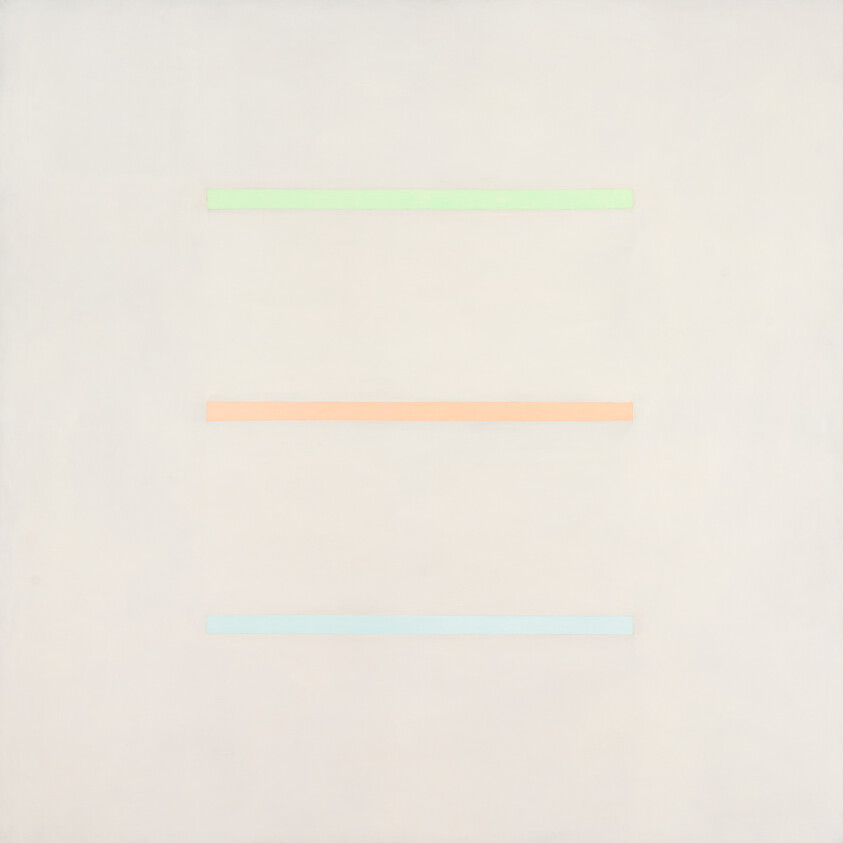 Three thin pastel horizontal bars in green, peach, and blue float on a pale background.