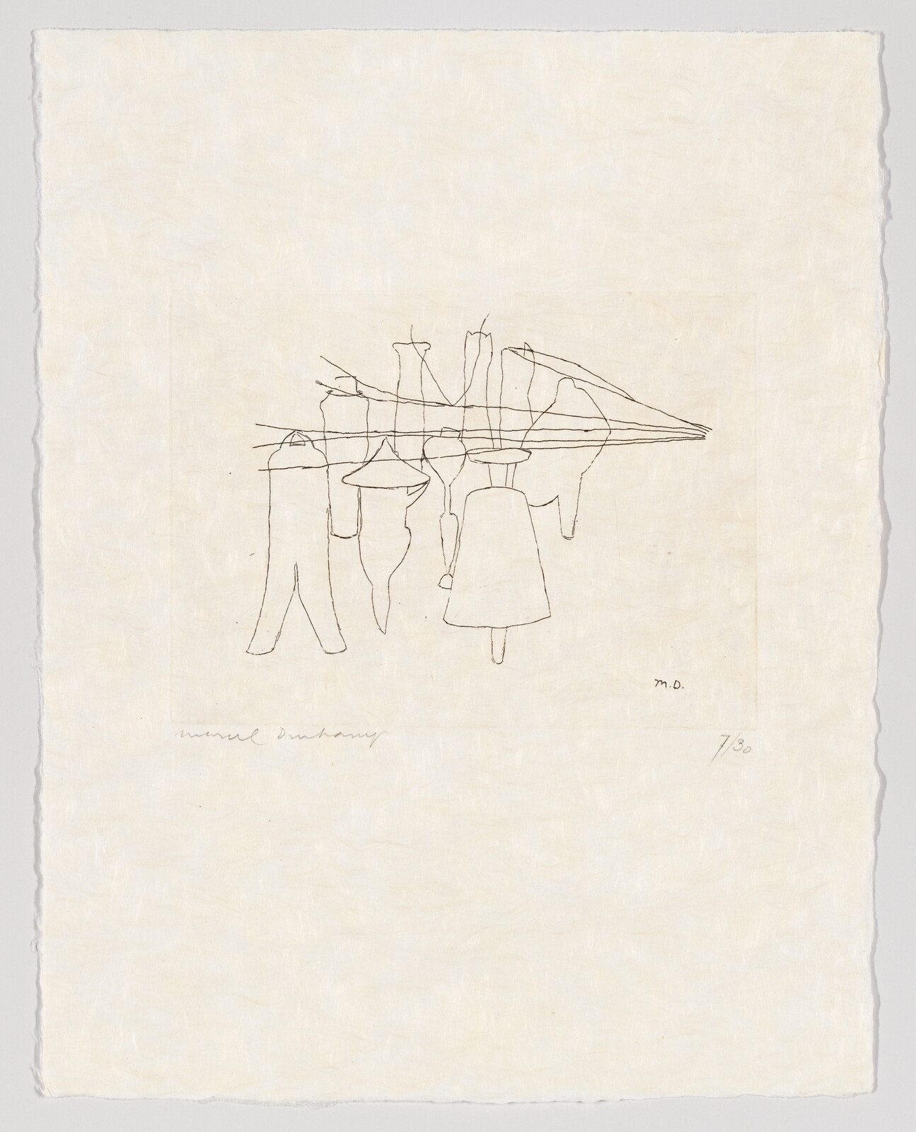 Delicate pencil drawing of various hanging bell and garment shapes suspended from a horizontal line.